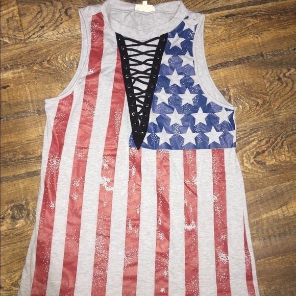 ❤️ Entro size medium flag patriotic festival lace up tank red gray blue - Picture 1 of 5